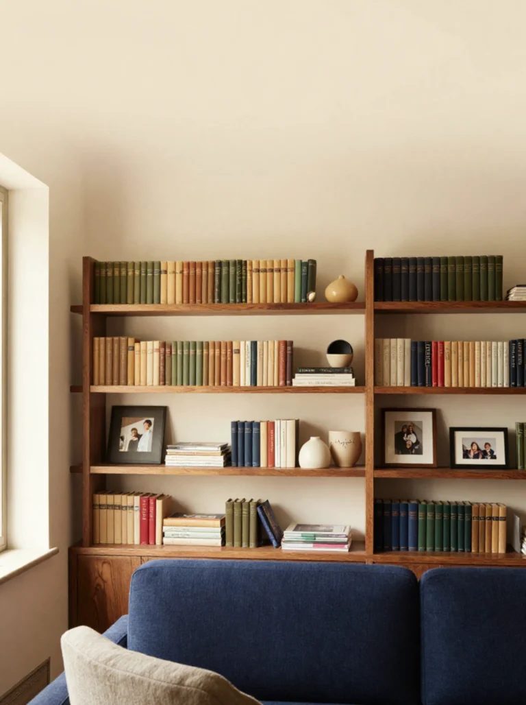 Built-in living room shelves decorated with meaningful books and personal objects