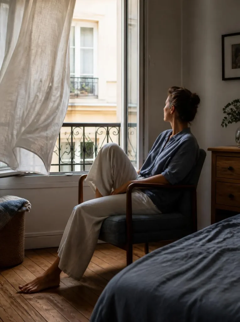 Person resting by an open window in an ordinary comfortable apartment
