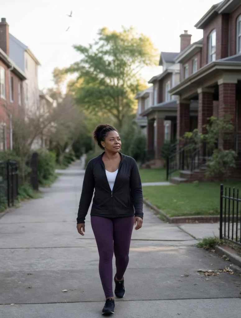 Adult taking a headphone-free walk along a green neighborhood path