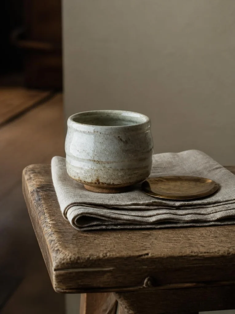 Close view of an irregular handmade bowl on a weathered wooden table